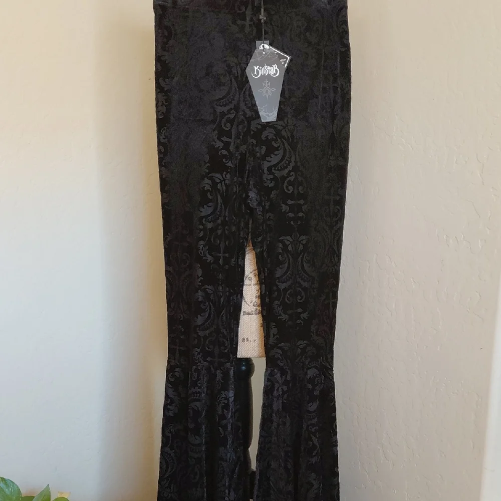 KILLSTAR 4X BLACK MISERIA SUPER FLARES ELASTIC WAIST INVERTED CROSS AND FLORAL - Picture 1 of 12